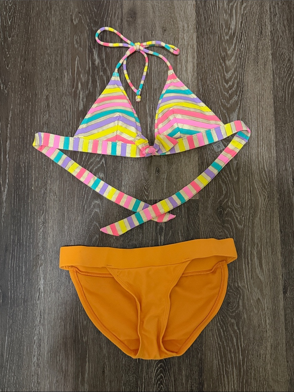 Victoria's Secret Rainbow Stripe Triangle Bikini Top with Orange Bottoms